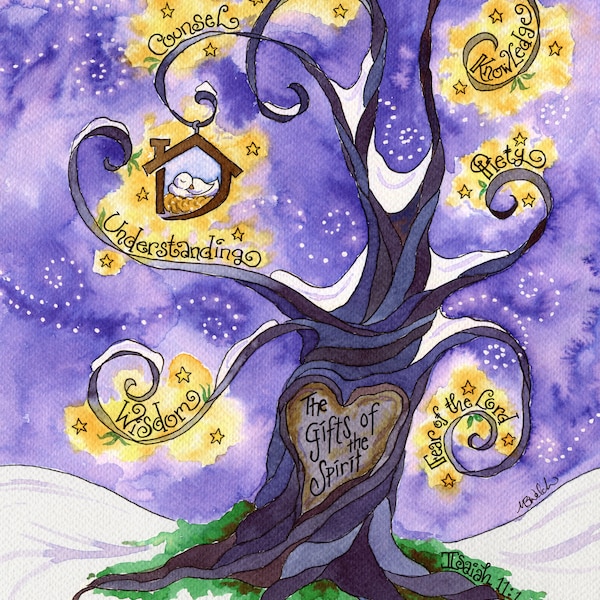 Gifts of the Spirit Tree Art based on Isaiah 11; Personalized Confirmation Gift; RE, teacher; 4 Four Seasons Decor; Notecards Prayercards