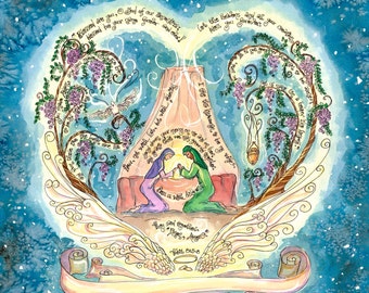 以下が含まれることがあります： 心臓の形をしたシーンを描いた水彩画。祈りを捧げているカップルが描かれている。カップルはピンクのテント、鳩、紫の花が咲いた木に囲まれている。心臓の周りに「Blessed are you, O God of our ancestors, blessed be your name, forever and ever.」という文章が書かれている。