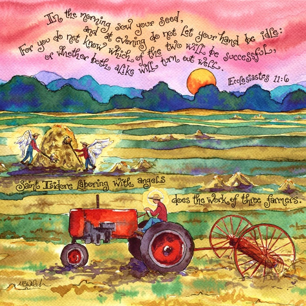 St Isidore, Patron Saint of Farmers, San Ysidro - Personalized Gift for Farmer, Gardener, Ranch; Antique Tractor; Notecards, Prayercards