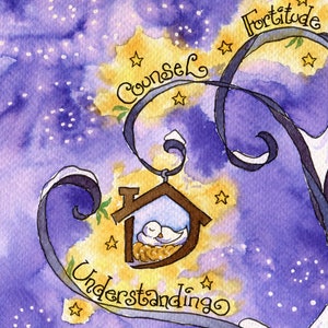 May include: A watercolor painting of a purple and yellow sky with stars. The words "Counsel", "Fortitude", and "Understanding" are written in a swirling font. A small house with a bird inside is hanging from the sky.