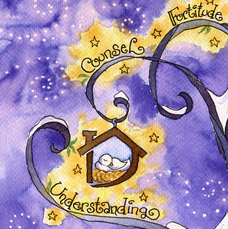 May include: A watercolor painting of a purple and yellow sky with stars. The words "Counsel", "Fortitude", and "Understanding" are written in a swirling font. A small house with a bird inside is hanging from the sky.