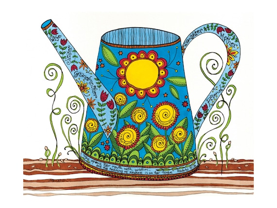 Whimsical Watering Can art print for Grandmother with Proverbs 31, scripture art, 8x10, 12x12, colorful, gardening, personalized gift