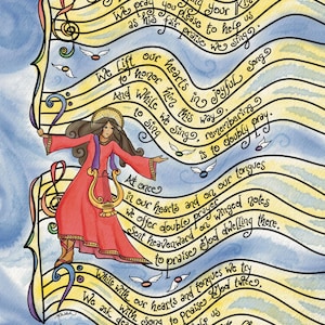 May include: Watercolor illustration of a saintly figure in a red dress, holding a golden harp, with flowing musical notes and text. The background is a light blue sky with small white birds.
