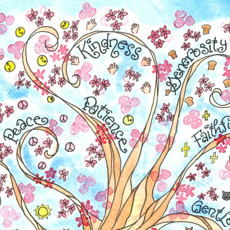 May include: Watercolor painting of a tree with branches that form words like "kindness", "patience", "generosity", "faithfulness", and "peace". The tree is surrounded by pink flowers and other small details.