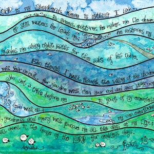 Psalm 23 grillige schriftkunst, print van aquarel, christelijke kunst, groen blauw paars, de Heer is mijn herder; Notitiekaarten, gebedskaarten