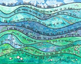 Psalm 23 Whimsical Scripture Art, Print of Watercolor, Christian art, green blue purple, the Lord is my Shepherd; Notecards, Prayercards