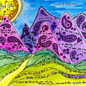 Prière Thomas Merton - Cadeau personnalisé ; Remise des diplômes, déménagement, sympathie ; Montagnes violettes ; Impression d'art à l'aquarelle ; Cartes de prière