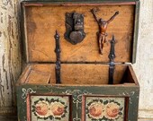 18th Century Miniature Austrian Wedding Chest Box with Key hidden compartment and crucifix inside