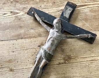 Crusty Bavarian Crucifix Jesus Christ circa 1700's  Wood Carved