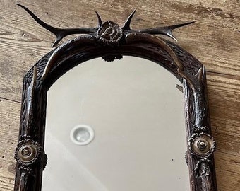 Antique Antler MIrror with Carved Rosettes of Dog and Fox
