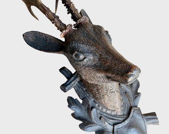 Black Forest Hand-Carved Wood Deer Head with Real Antlers