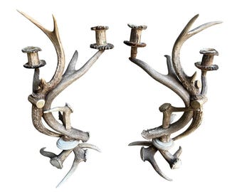Pair of Black Forest Antler Candelabras, Rustic Alpine Candle Holders