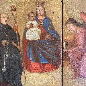 May include: A triptych painting depicting a religious scene. The central panel shows a woman in a blue and red robe holding a child. The left panel shows a man in a black robe holding a staff. The right panel shows a woman in a pink robe with wings.