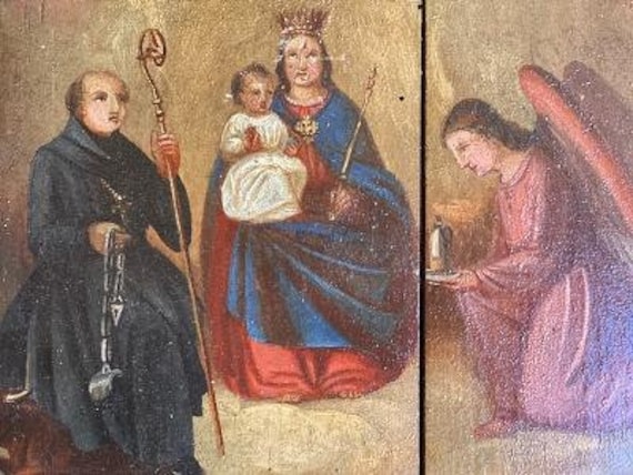 German Prayer Board Devotionial Painting Votivtafel Votive Vows Religious Painting on Board Jesus Maria Cows Stable Angel Retablo