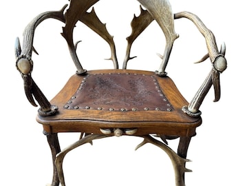 German Antler Chair with Leather Seat, Rustic Trophy-Style Armchair