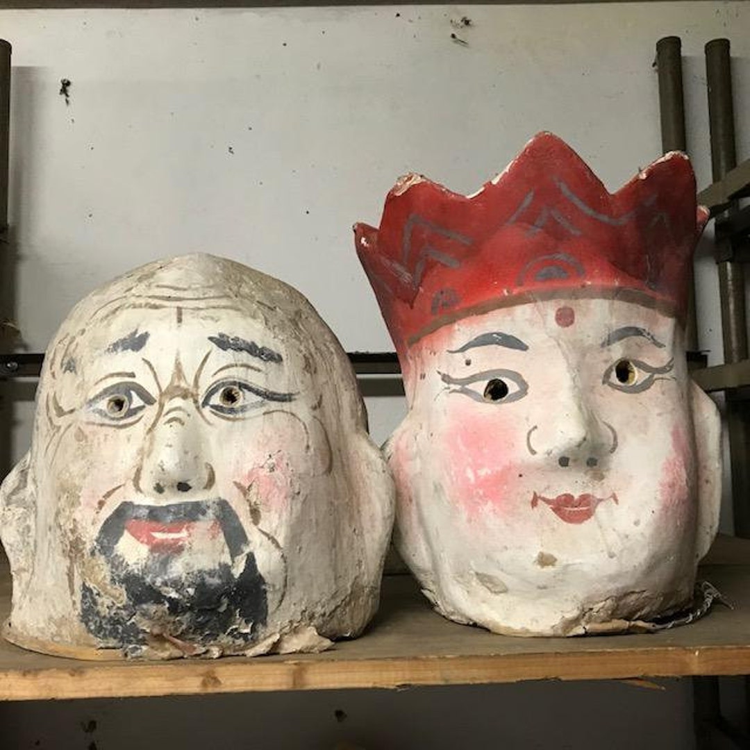 Pair of Antique Chinese Paper Mache Masks With Wax Makers