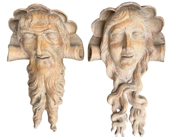 Pair of Antique German Carved Wood Heads, Dionysus and Bacchus