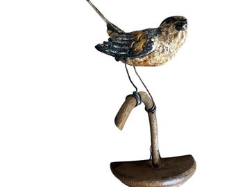 Austrian Folk Art Carved Wood 99 Bird Wren, 7.75 Inches, 1930s