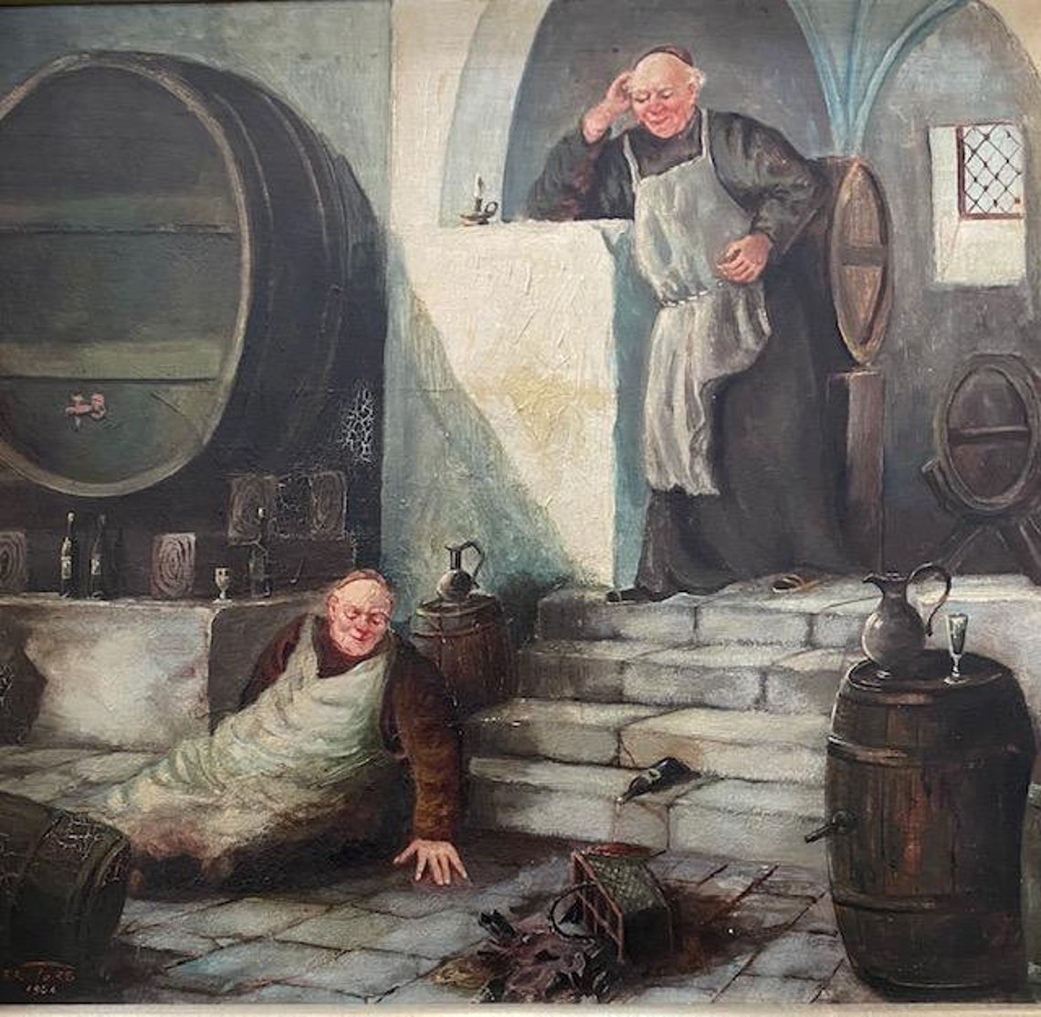 Drunken Monks in the Wine Cellar Oil on Board Signed F. Roters 1954