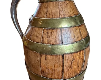 Vintage French Oak and Brass Banded Pitcher, 1900s