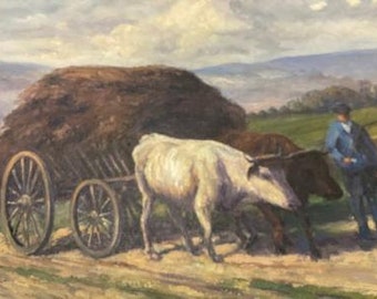 Oil on Canvas Oxen in Field Pulling Harvest  signed Holtdorf 1929