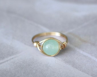 Jade ring, green stone ring, wire wrapped ring, gold wire ring, sterling silver ring, mint green jade ring, gold wire ring, gemstone ring