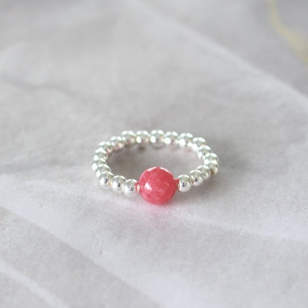 Pink jade ring, jade stone ring, silver band ring, beaded band ring, y2k ring, stretch ring, gemstone ring, pink stone ring, boho ring, cute