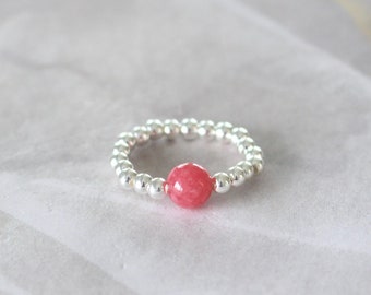 Pink jade ring, jade stone ring, silver band ring, beaded band ring, y2k ring, stretch ring, gemstone ring, pink stone ring, boho ring, cute