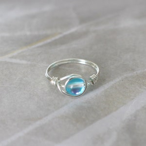 Aqua aura ring, blue stone ring, gemstone ring, wire wrapped ring, blue glass ring, gold wire ring, silver ring, sterling silver ring