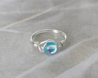 Aqua aura ring, blue stone ring, gemstone ring, wire wrapped ring, blue glass ring, gold wire ring, silver ring, sterling silver ring