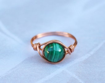 Malachite ring, copper ring, copper wire ring, natural malachite ring, green stone ring, gemstone wire ring, malachite wire ring, stone ring