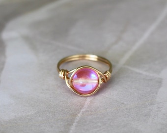 Mystic aura quartz ring, pink quartz ring, wire ring, gold ring, gold wire ring, dainty gold ring, pink quartz wire ring, sterling silver