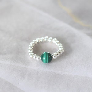 Malachite Ring: Silver Beaded Stretch Band, Green Gemstone
