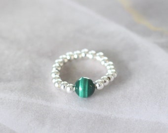 Malachite ring, beaded stretch ring, malachite gemstone ring, green stone ring, silver band ring, beaded band ring, malachite stone ring