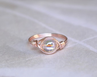 Anello Angel Aura, anello in vetro aura, anello delicato in oro rosa, anello in filo, anello in oro rosa, anello in quarzo aura, anello in filo boho, anello in argento sterling