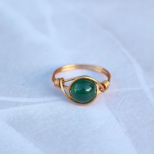 Emerald jade ring, emerald stone ring, wire ring, gold wire ring, wire wrapped ring, green gemstone ring, stone ring, sterling silver ring
