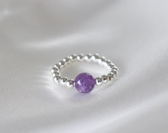Amethyst Gemstone Stretch Ring: Silver Beaded Band