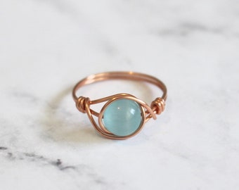 Cats eye ring, blue cats eye ring, wire wrapped ring, wire ring, gemstone wire ring, blue stone ring, chrysoberyl ring, copper wire ring