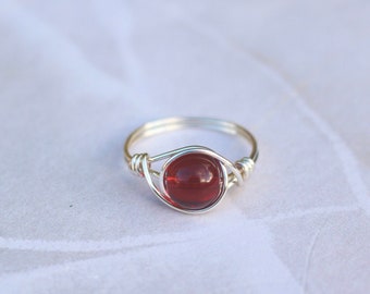 Amber ring, amber resin ring, resin ring, wire ring, stone ring, silver wire ring, wire wrapped ring, red stone ring, amber wire ring, boho