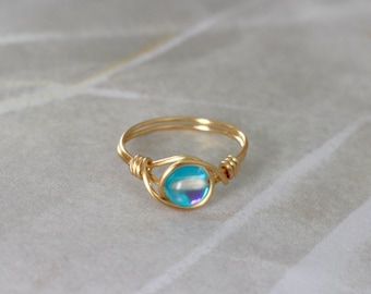 Aqua aura ring, blue stone ring, gemstone ring, wire wrapped ring, blue glass ring, gold wire ring, gold ring, sterling silver ring, custom