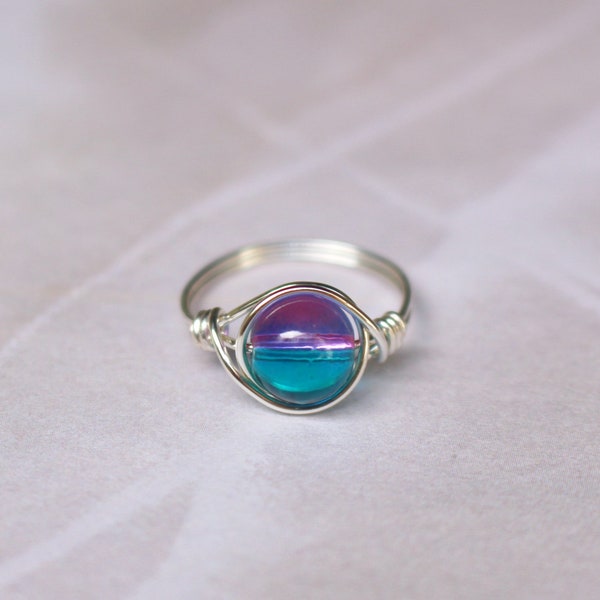 Mermaid ring, blue glass ring, dainty gold ring, wire ring, wire wrapped ring, pink glass ring, boho wire ring, Czech glass ring, gold ring