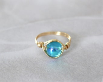 Aqua aura ring, gold wire ring, wire wrapped rings, statement ring, gold ring, wire rings, gemstone wire ring, cute ring, crystal ring, boho