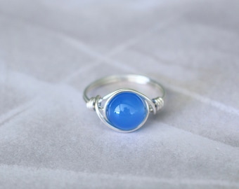 Jade ring, blue stone ring, wire wrapped ring, silver wire ring, sterling silver ring, blue jade ring, silver wire ring, gemstone ring