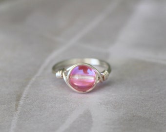 Mystic aura quartz ring, pink quartz ring, wire ring, silver ring, gold wire ring, dainty silver ring, pink stone wire ring, sterling silver