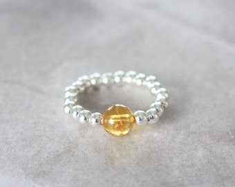 Citrine ring, beaded ring, gemstone ring, stretch ring, silver plated bead ring, beaded band ring, yellow gemstone ring, citrine stone ring
