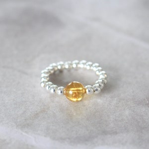 Citrine Ring: Silver Plated Beaded Stretch Band