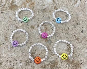 Smiley face ring, smile ring, beaded ring, stretch ring, be happy ring, silver ring, custom ring, yellow smile ring, sterling silver ring