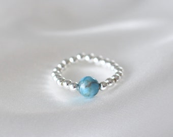 Turquoise ring, silver beaded ring, bead stretch ring, stretch ring, blue stone ring, silver band ring, turquoise stone ring, silver ring