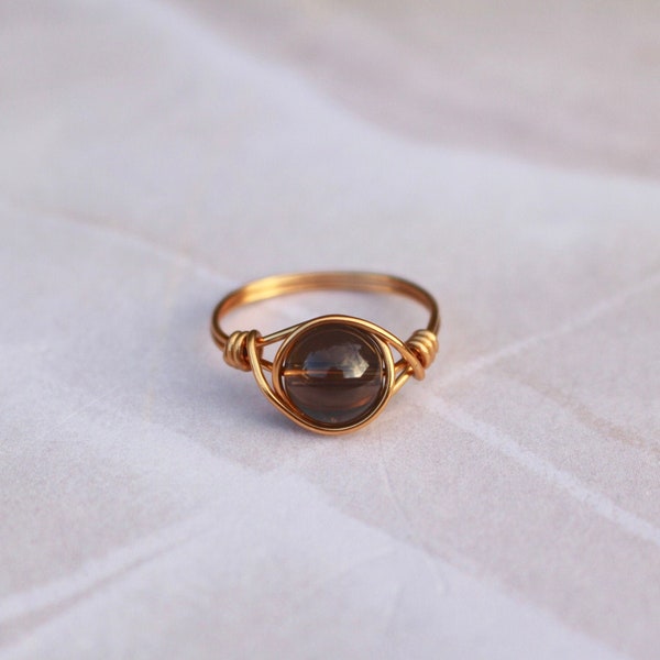 Smoky quartz ring, smoky quartz wire ring, wire wrapped ring, quartz ring, grey stone ring, stone ring, gold wire ring, sterling silver ring