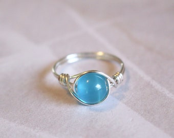 Cat's eye ring, blue cat's eye ring, blue stone ring, wire ring, wire wrapped ring, stone ring, boho ring, dainty wire ring, statement ring